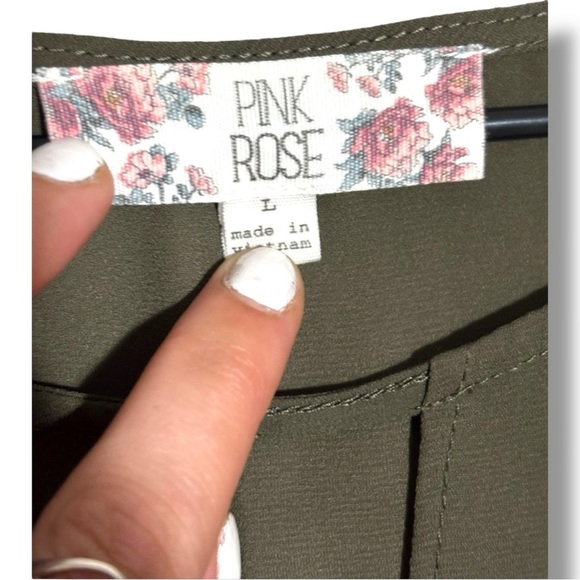 Pink Rose Olive Tie-Front Keyhole Cutout Short Sleeve Shear Crop Crewneck Blouse - Picture 10 of 16